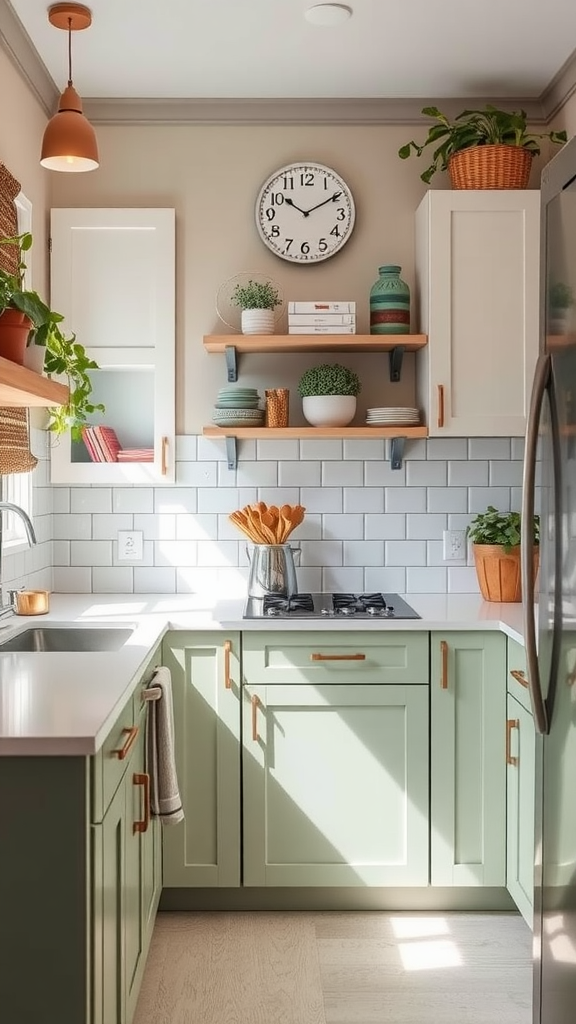 A kitchen featuring mint green cabinetry, copper accents, and various plants on shelves.