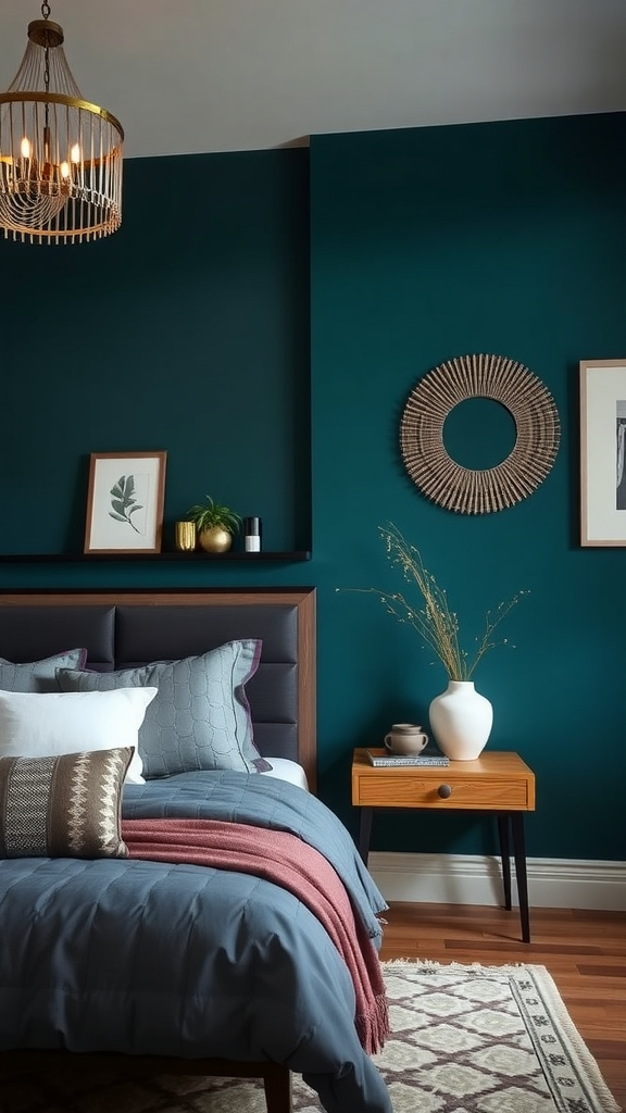 A cozy bedroom featuring a dark teal accent wall, stylish bedding, and modern decor.