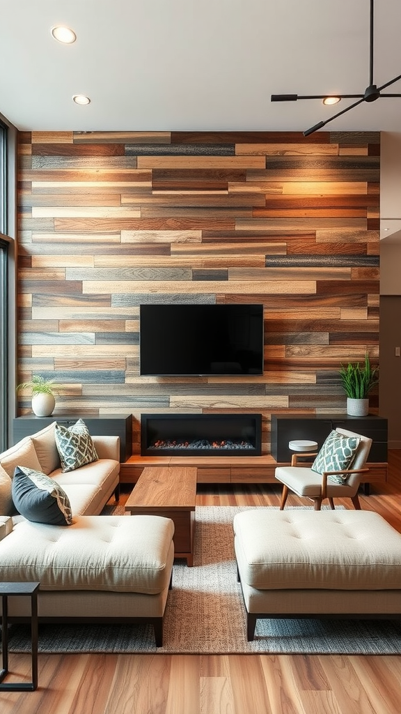 A modern living room with a rustic wooden accent wall, featuring cozy seating and warm lighting.