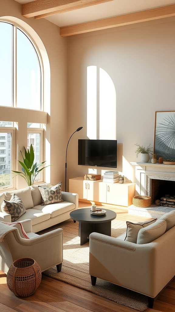 A cozy living room with beige sofas, a round black coffee table, and large windows letting in natural light.