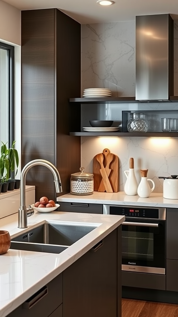 A modern kitchen with sleek cabinets, a stylish sink, and smart appliances.