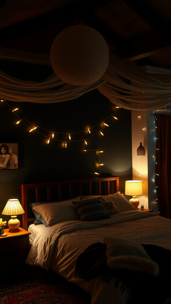 A cozy dark boho bedroom with layered lighting, showcasing warm tones and decorative elements.