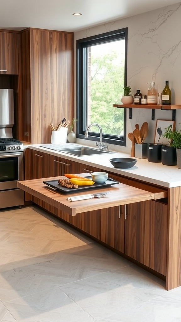 A modern kitchen featuring a foldable counter with fresh ingredients and kitchen tools.