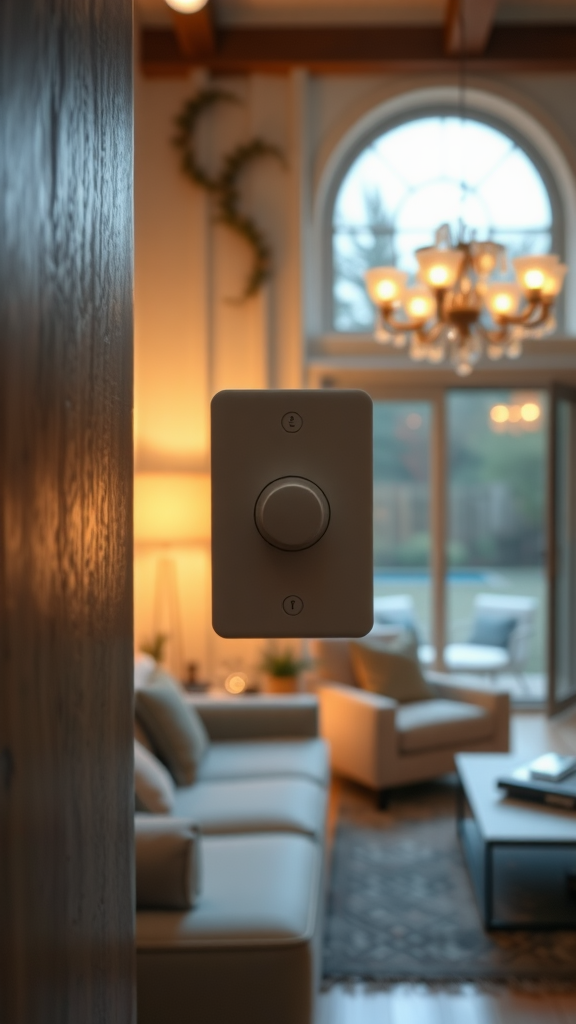 A close-up of a modern dimmer switch on a wall in a cozy living room setting