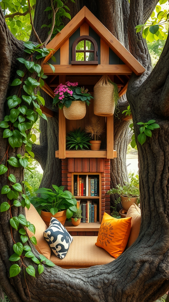 A cozy treehouse library with wooden structure, plants, and cushioned seating.