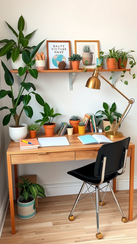 Aesthetic double desk setup with plants, featuring a wooden desk, colorful stationery, and decorative shelves.