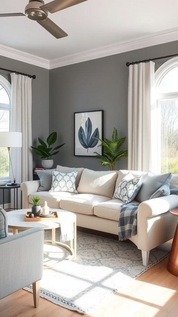 A cozy living room featuring Agreeable Gray walls, soft furniture, and houseplants.