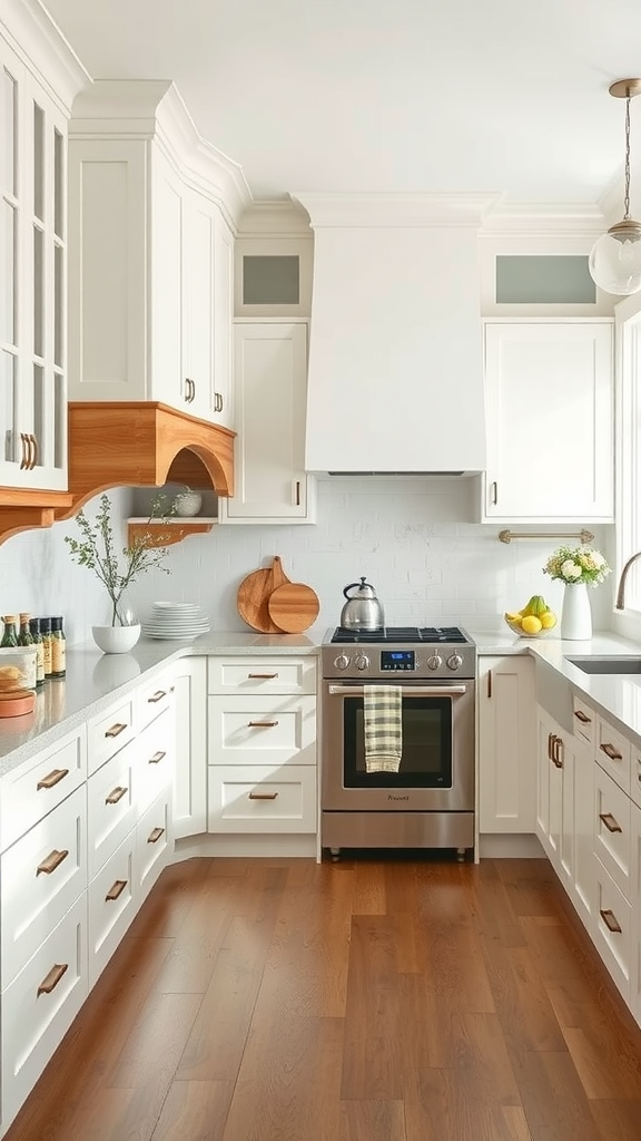 A bright kitchen with white cabinets and wooden accents, featuring a stove and countertop.