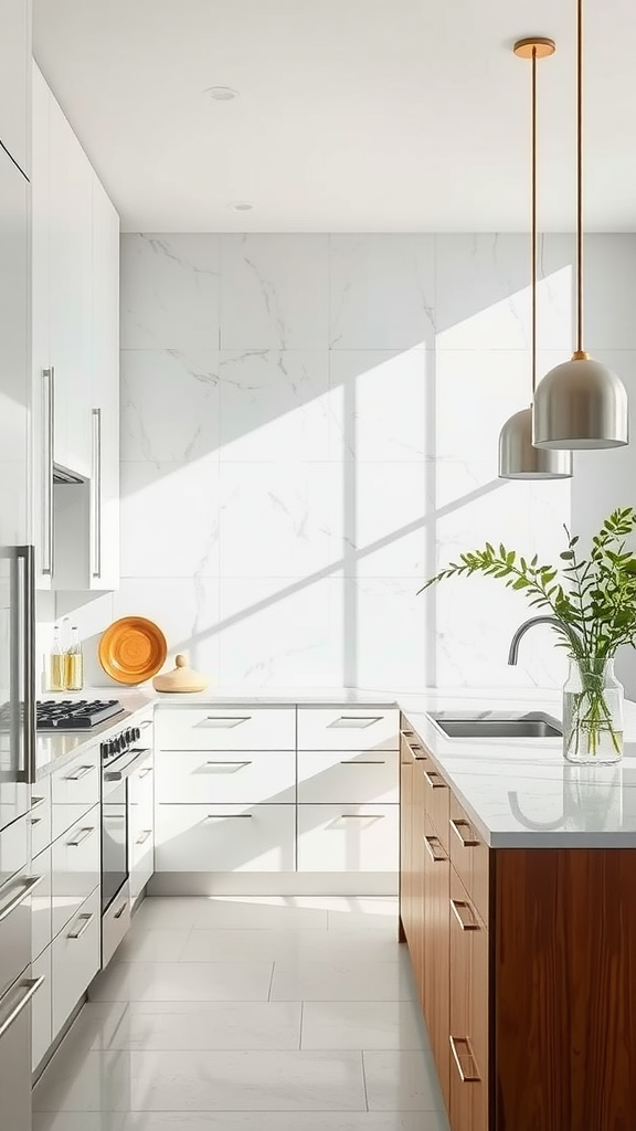 A bright and modern kitchen featuring alabaster surfaces and wood accents.