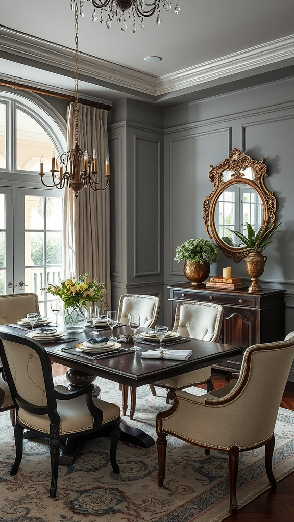 A stylish dining room featuring gray walls, elegant furniture, and a decorative chandelier.