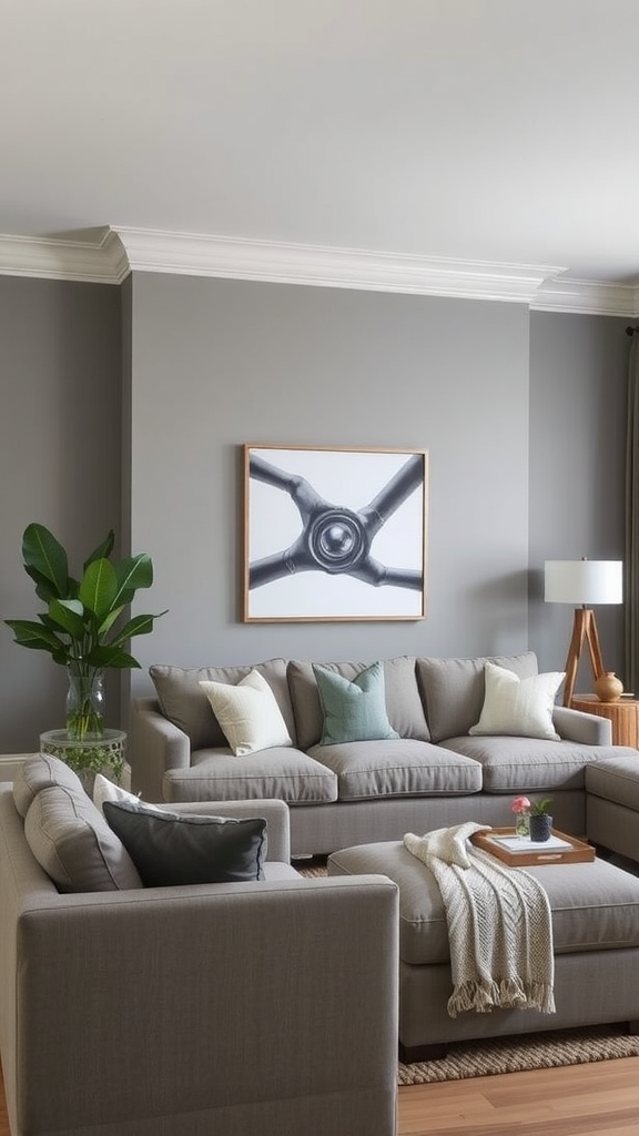 A stylish living room featuring gray sofas, a modern artwork, and a green plant.