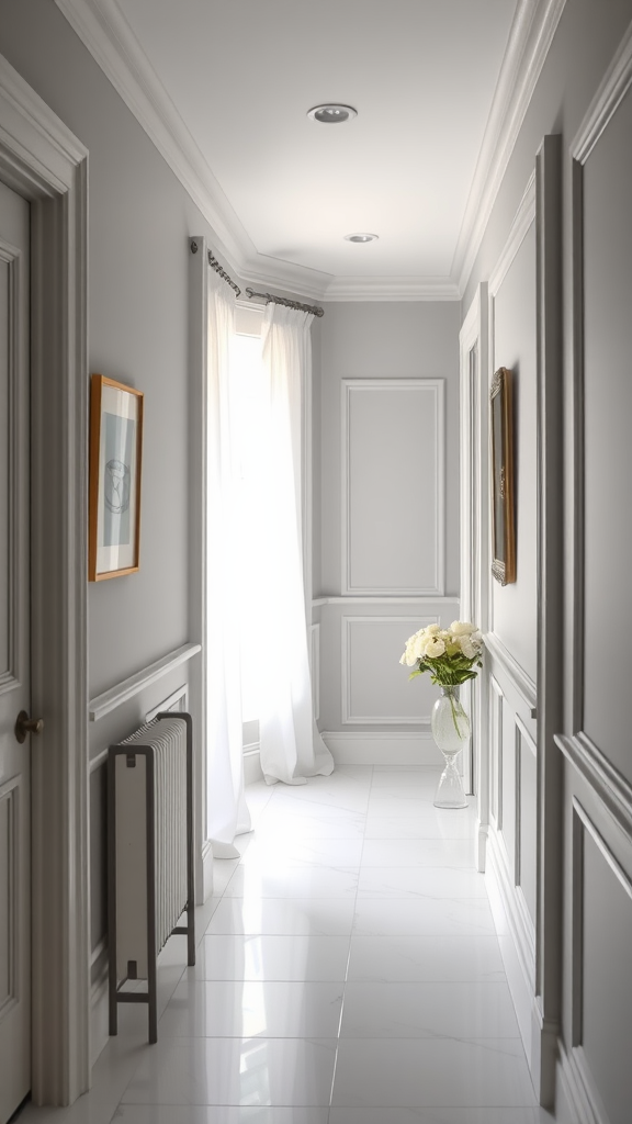 A hallway featuring Anew Gray paint with white trim, a vase of flowers, and natural light from a window.