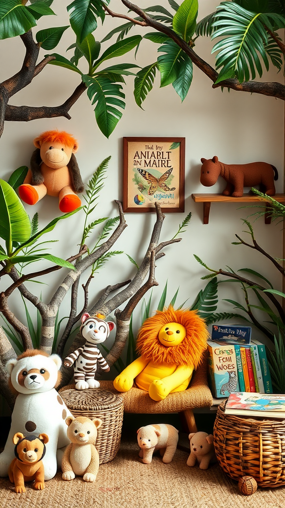 Cozy reading corner featuring plush animal toys, greenery, and books