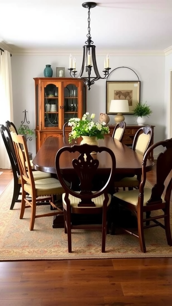 A cozy dining area featuring antique farmhouse dining chairs around a wooden table with a chandelier overhead.