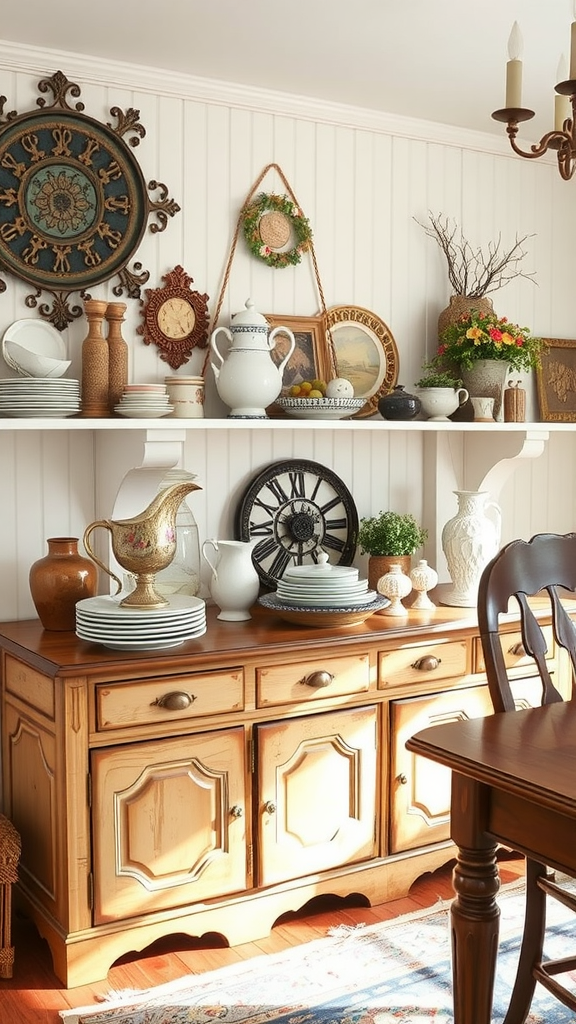 Antique sideboard with decorative items and plants