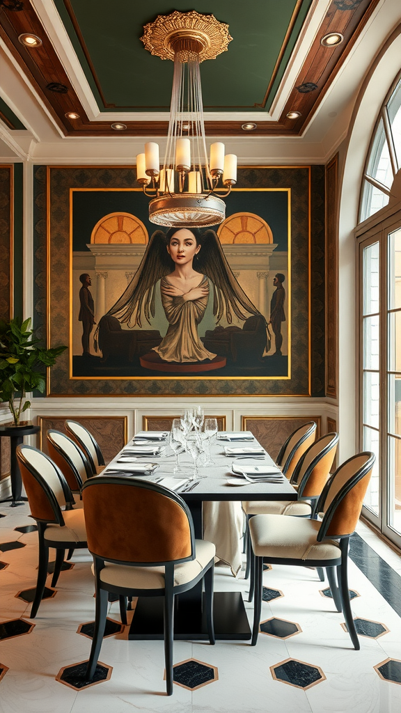 Art Deco inspired dining room with a mural and elegant chandelier