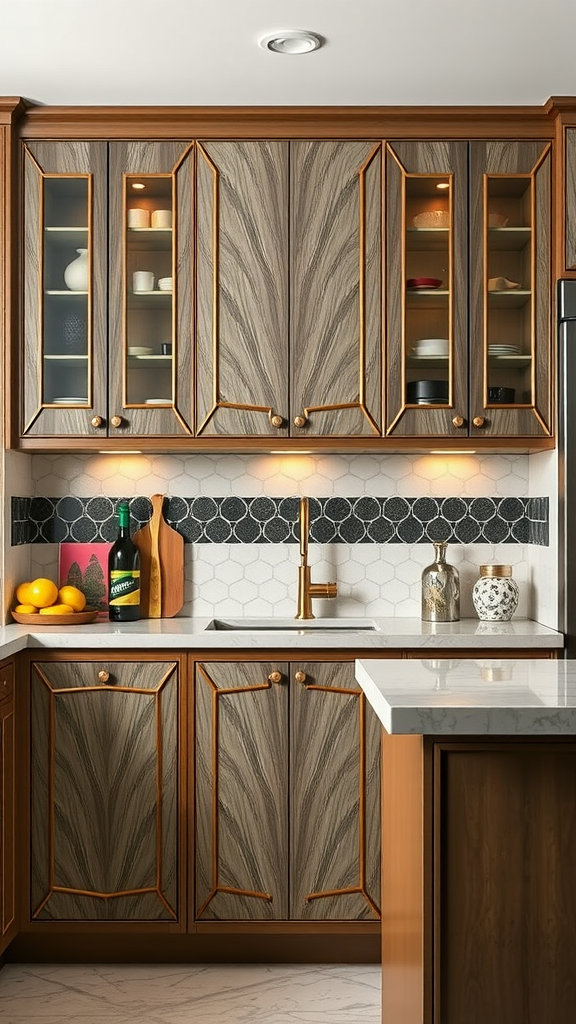 Art Deco inspired kitchen cabinets featuring bold lines and rich textures.