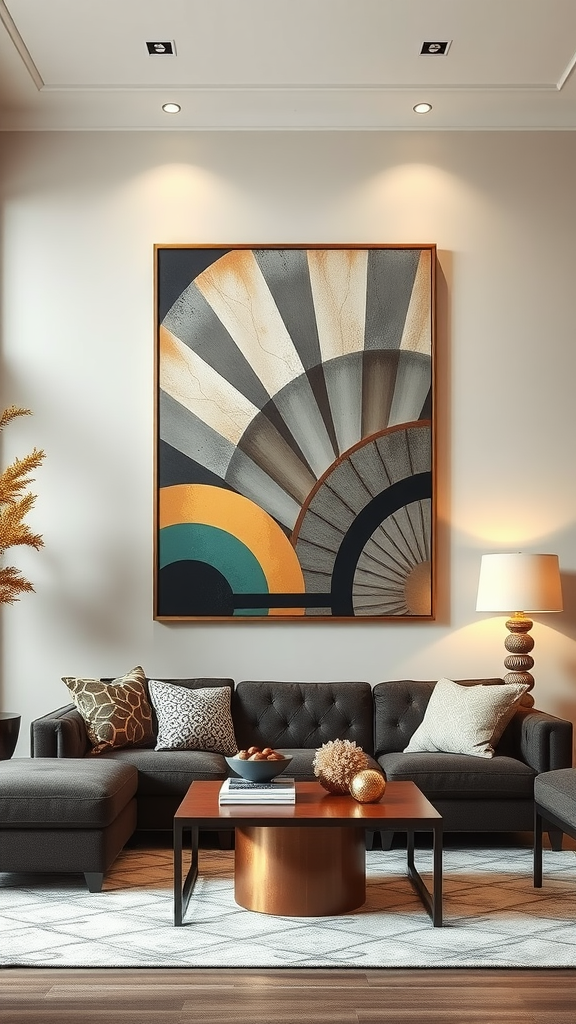 Art Deco inspired wall art featuring geometric shapes in warm and cool colors above a cozy sofa.