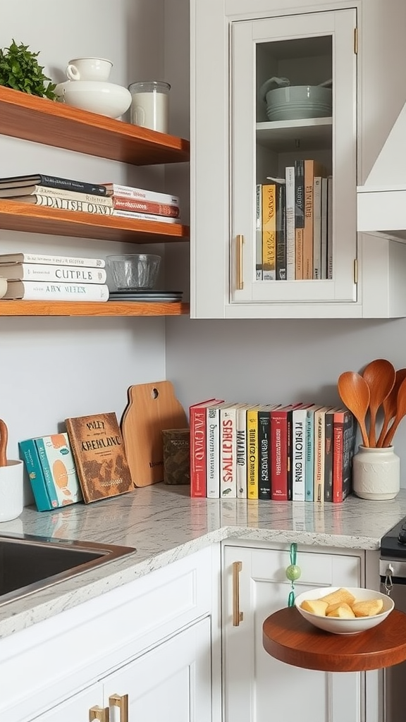 A stylish kitchen corner featuring an array of cookbooks and wooden utensils on display.