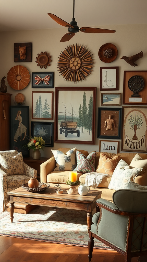 A cozy living room featuring rustic decor with various wall art and a comfortable seating area.