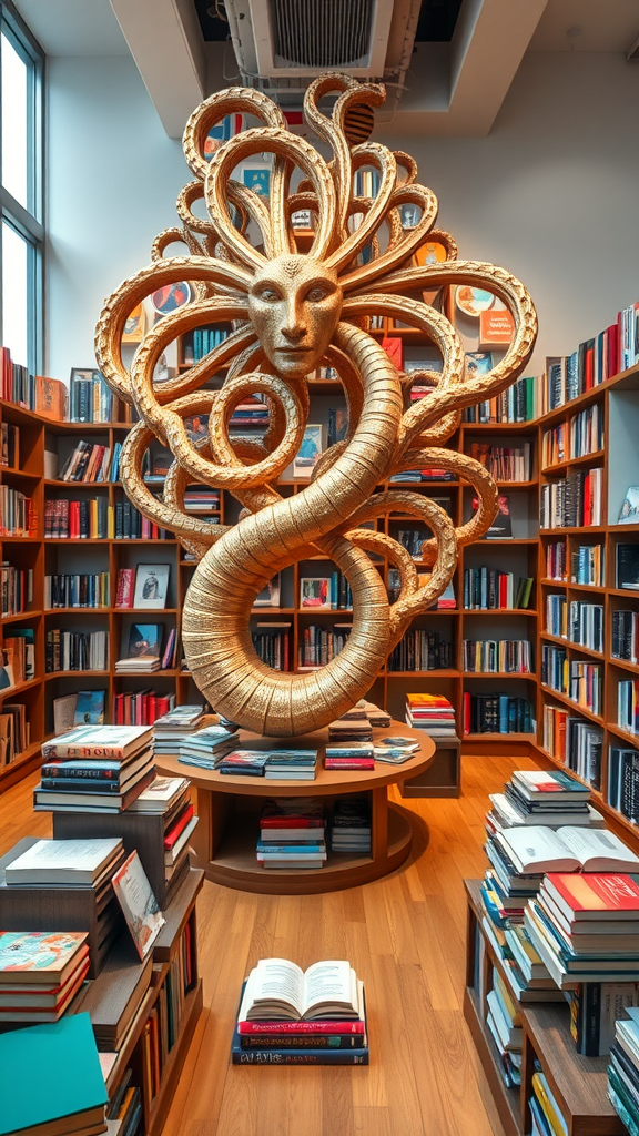 An artistic display in a bookstore featuring a golden sculpture resembling a creature with serpents, surrounded by colorful bookshelves.