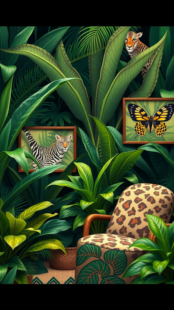 A cozy reading space decorated with lush green plants and artistic frames featuring animals and a butterfly, with a leopard print chair.