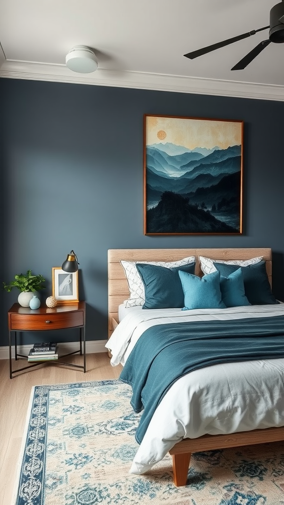 Cozy dark teal bedroom with decorative pillows and a landscape painting