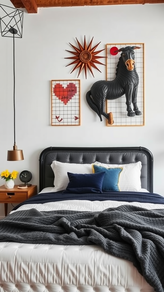 A bedroom featuring artistic wall decor including a black horse sculpture and a heart design, with a cozy bed and industrial elements.