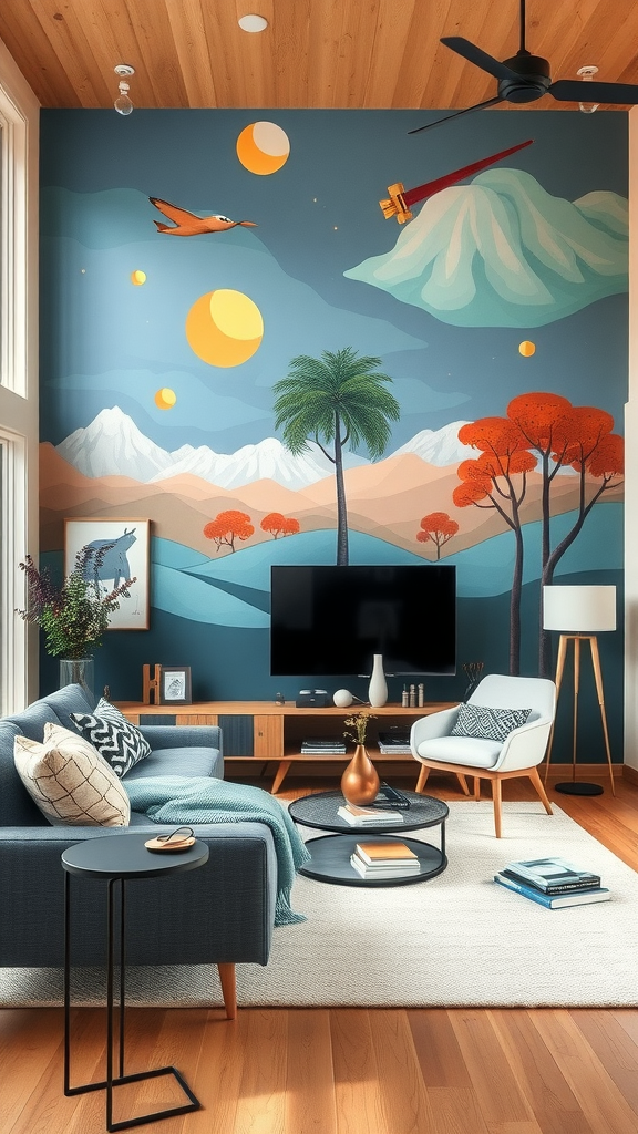 A stylish living room with a vibrant mural featuring mountains, trees, and celestial bodies.