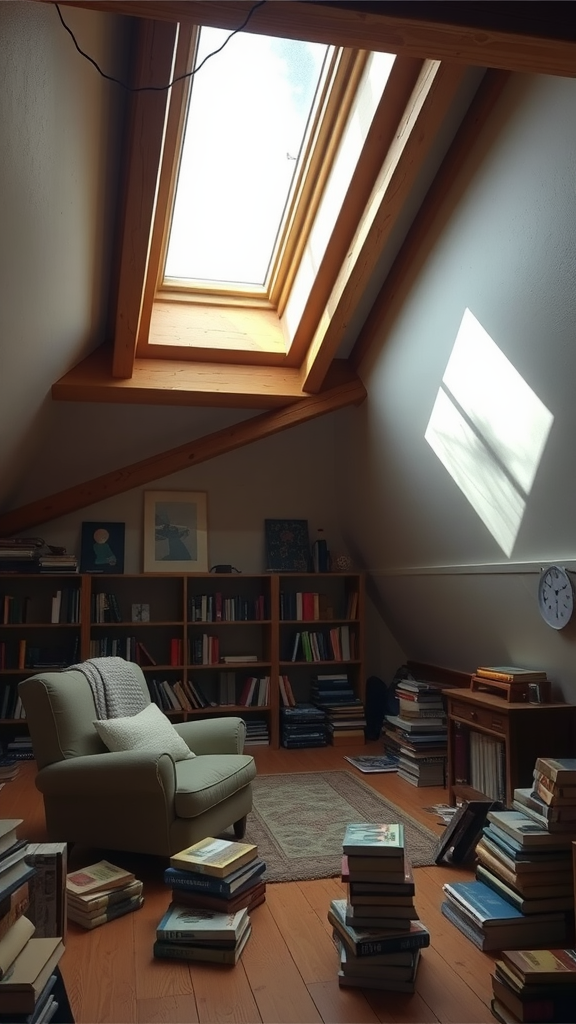 A cozy attic reading loft featuring a skylight, armchair, and stacks of books.