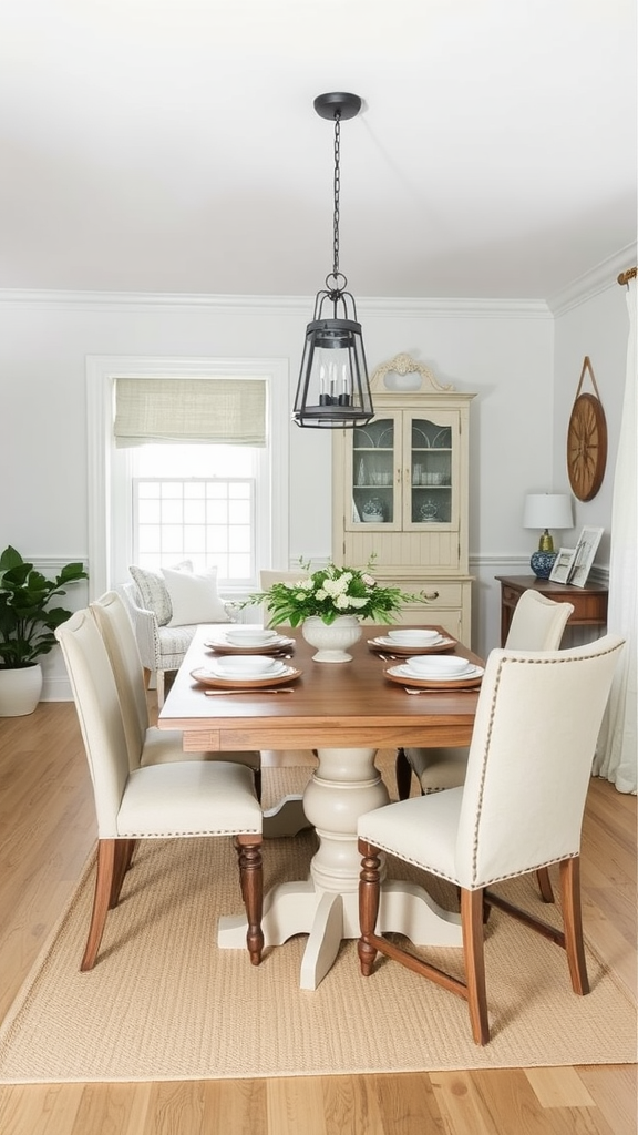 A cozy dining room with a wooden table, light-colored chairs, and natural elements.