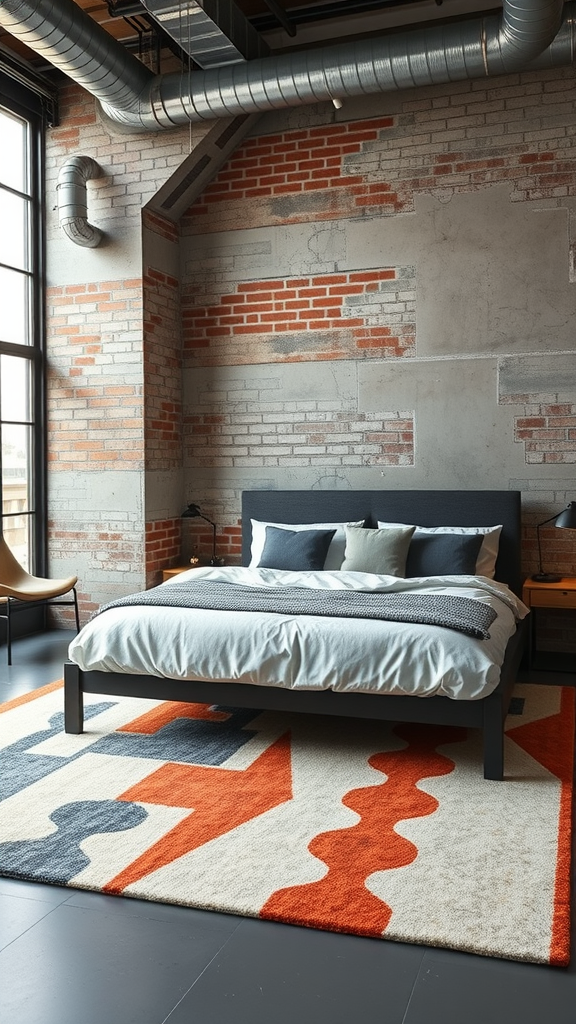 A modern industrial bedroom with a bold area rug on a concrete floor, featuring exposed brick walls and a stylish bed.