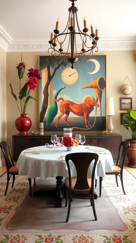 A dining room featuring a bold artwork of a horse, elegant chandelier, and floral arrangements