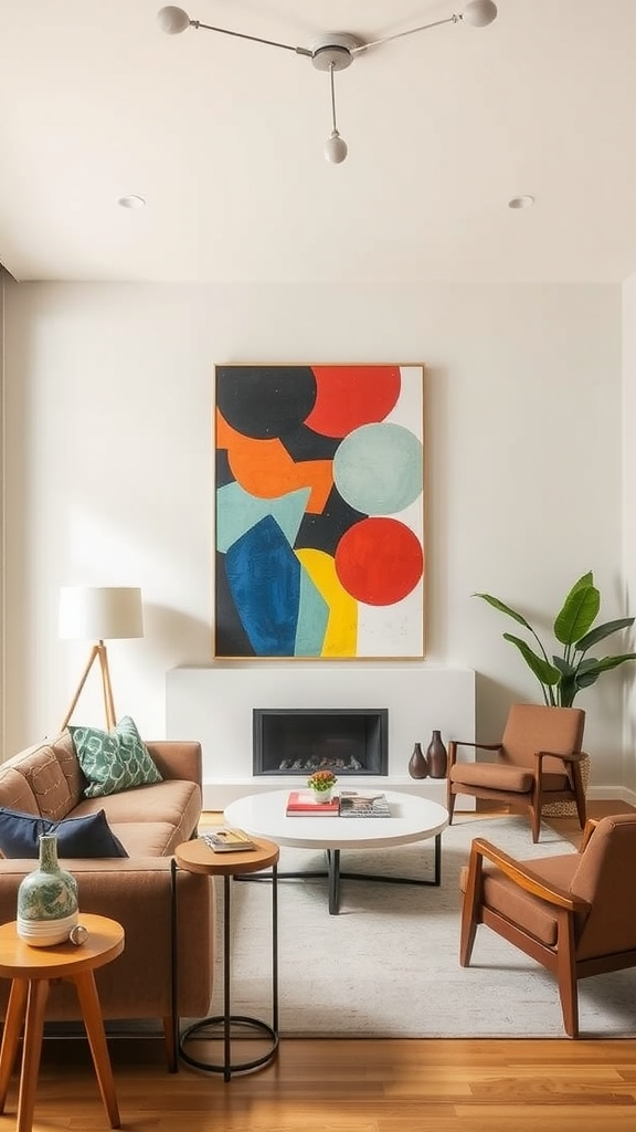 A cozy living room featuring a large abstract painting with bold colors.