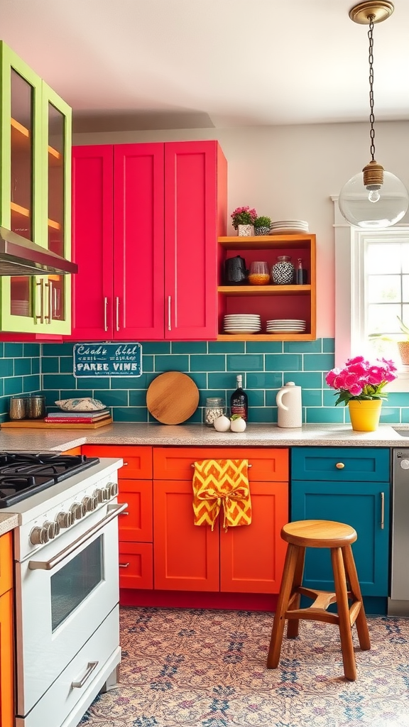 A vibrant kitchen featuring cabinets in pink, orange, and green with a modern design.