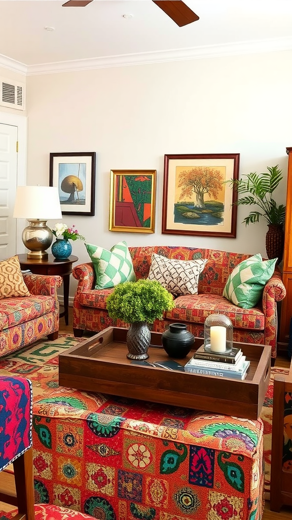 A vibrant living room with bold patterned sofas and rustic accents.