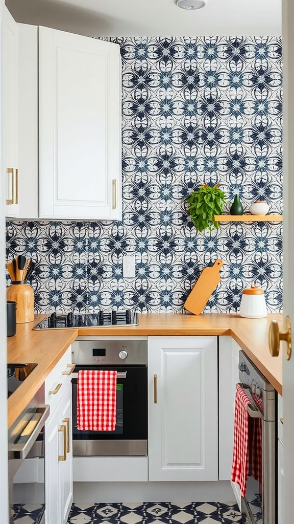 A kitchen showcasing a bold tile backsplash with intricate blue and white designs.