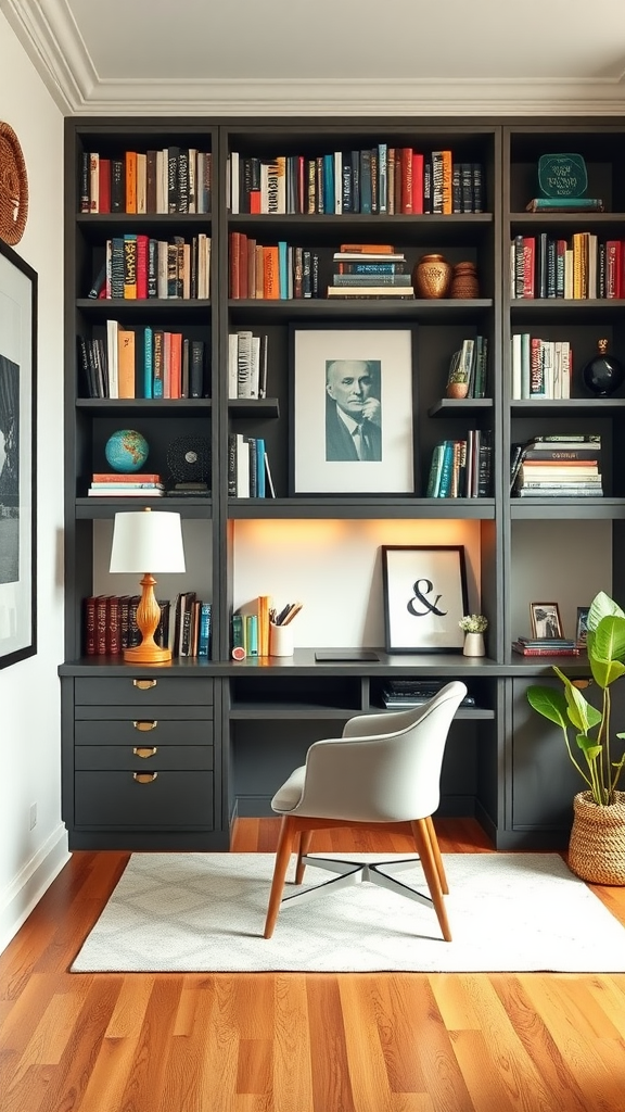 Cozy home office with dark bookshelf filled with books, modern desk, and comfortable chair.