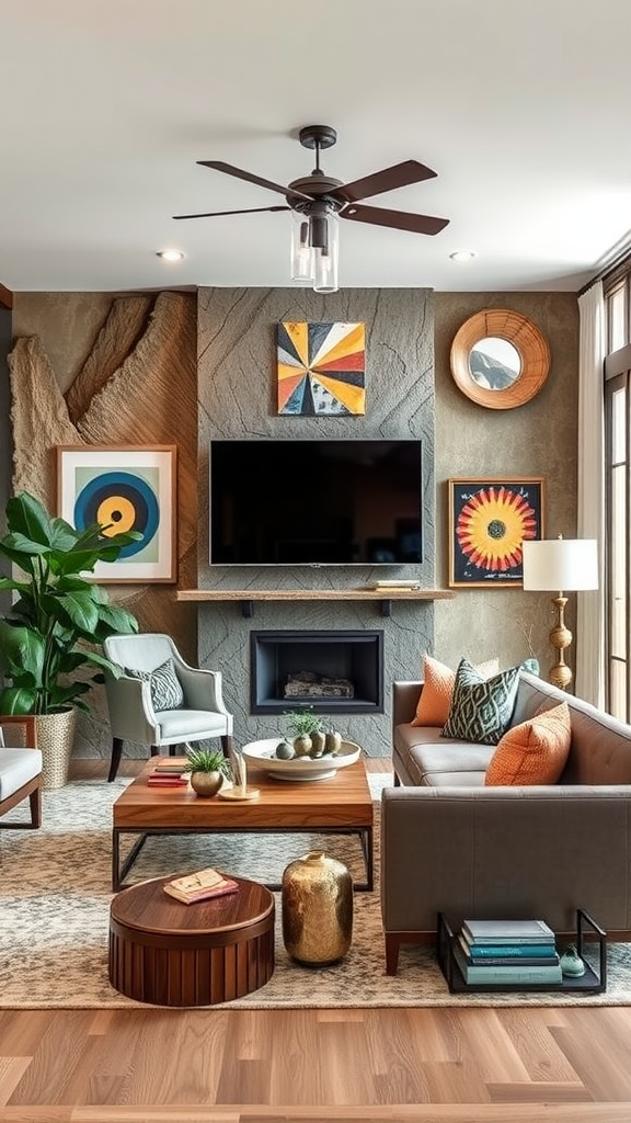 A cozy living room with modern decor, featuring a fireplace, colorful artwork, and comfortable seating.