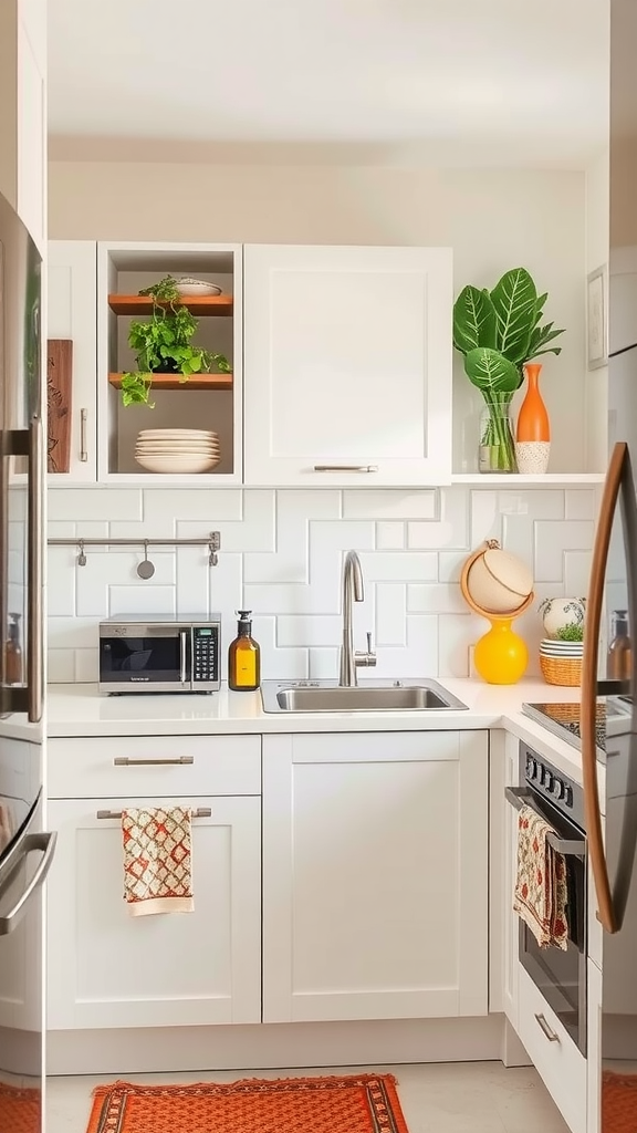 Modern kitchen with white cabinets, orange accents, and greenery