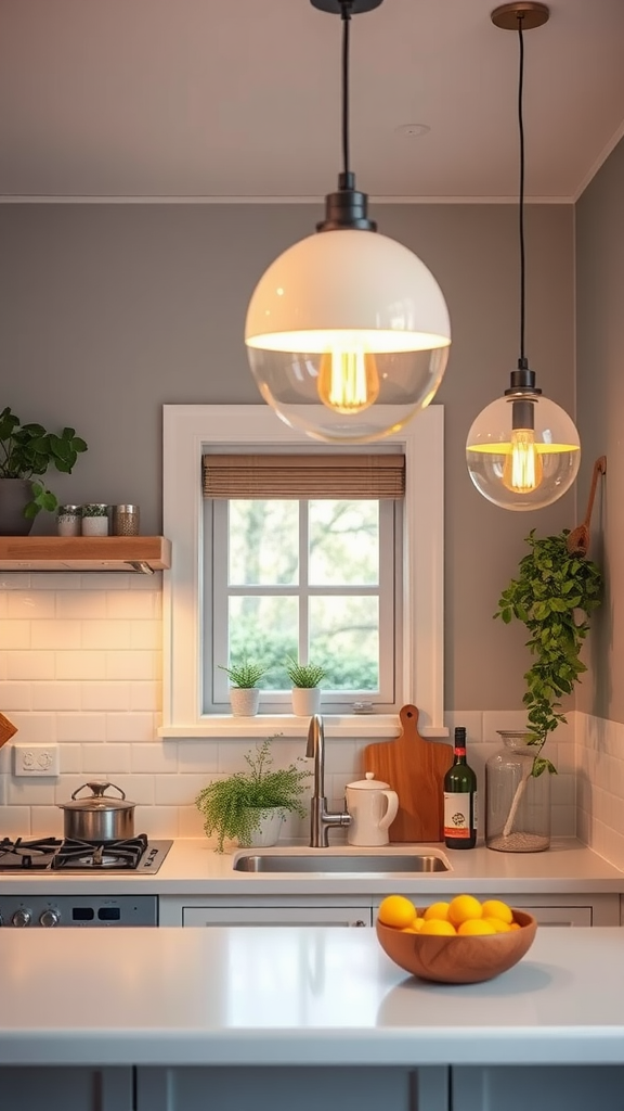 Bright pendant lights hanging over a kitchen counter with a bowl of lemons.