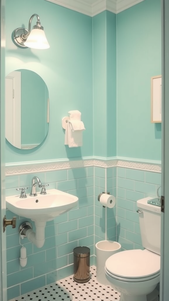 A mint green and white bathroom with a sink, toilet, and mirror.