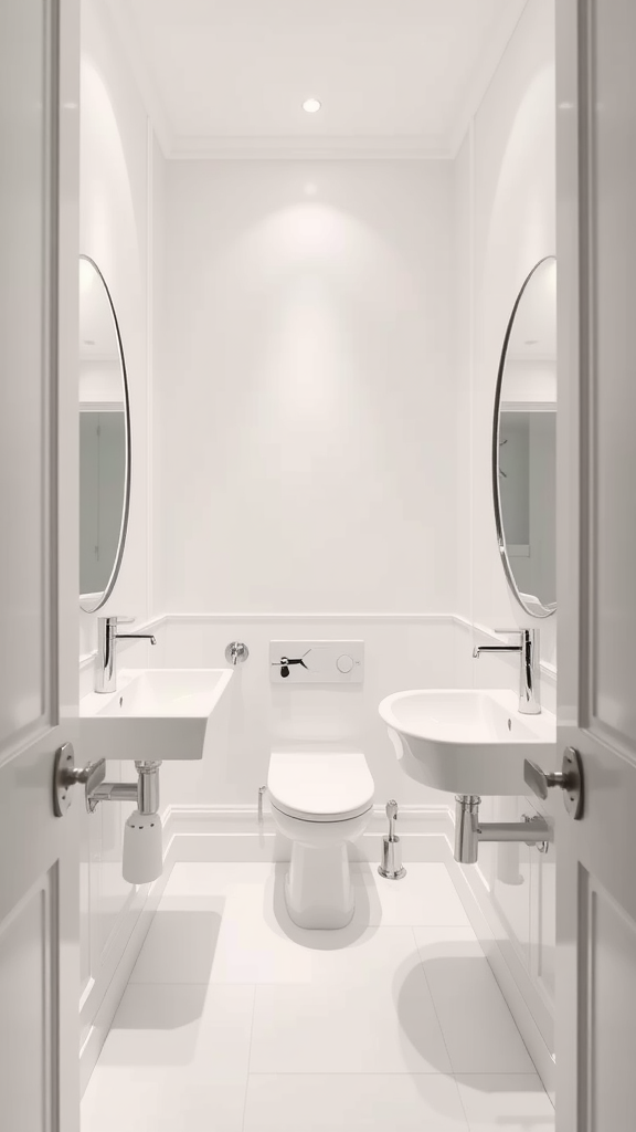 A modern, bright white bathroom with two sinks and a toilet.