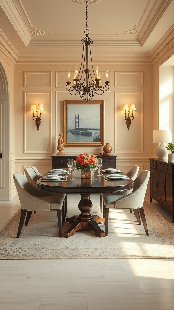 A stylish dining room with a round table, elegant chairs, and warm lighting.