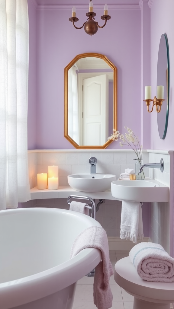 A serene bathroom with light lavender walls, candles, and white towels, creating a calming spa-like atmosphere.