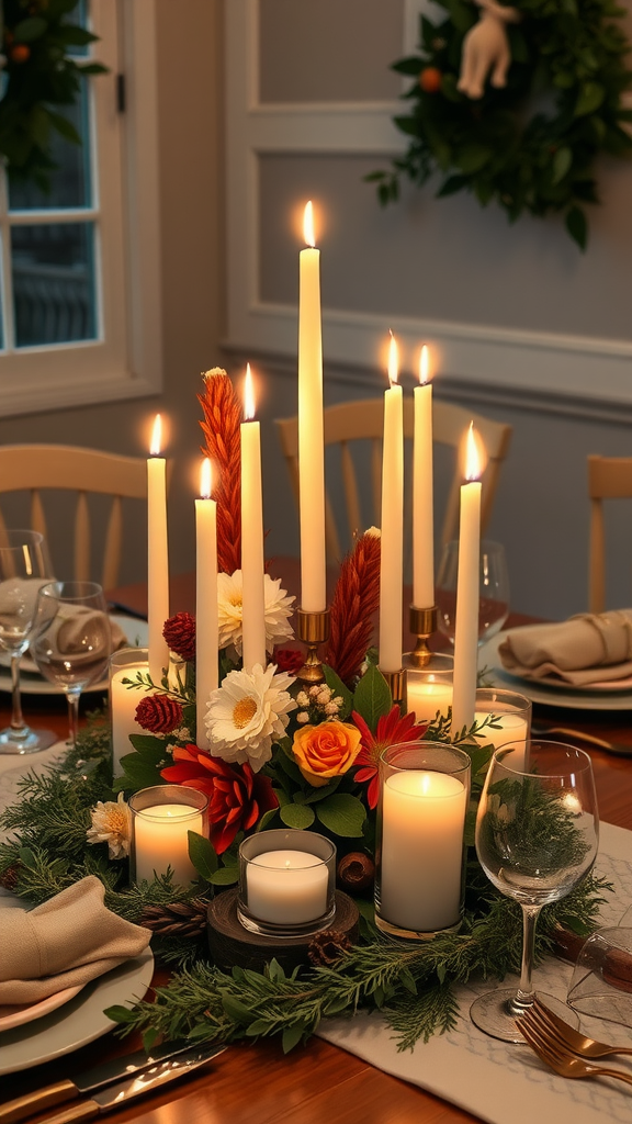 A beautifully arranged candlelit centerpiece featuring tall white candles and colorful flowers on a dining table.