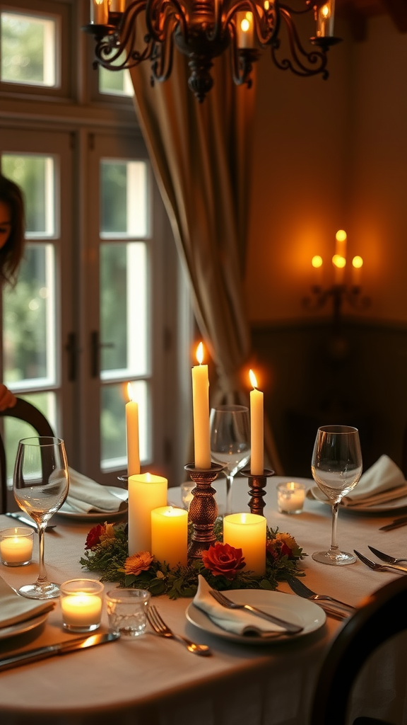 Candlelit dinner setting with a beautifully arranged table, candles, and floral decorations.