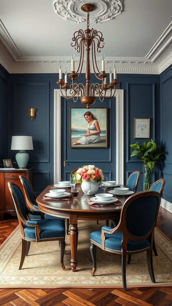 A beautifully arranged dining room featuring charcoal blue walls, elegant chandelier, and a wooden dining table set.