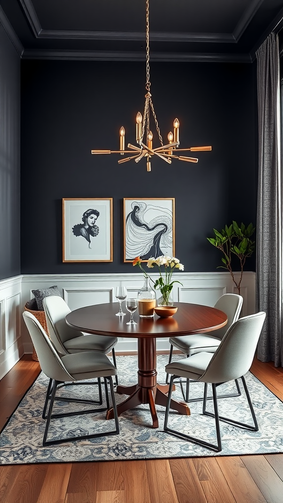 A modern dining room featuring charcoal gray walls, a round wooden table, and stylish chairs.