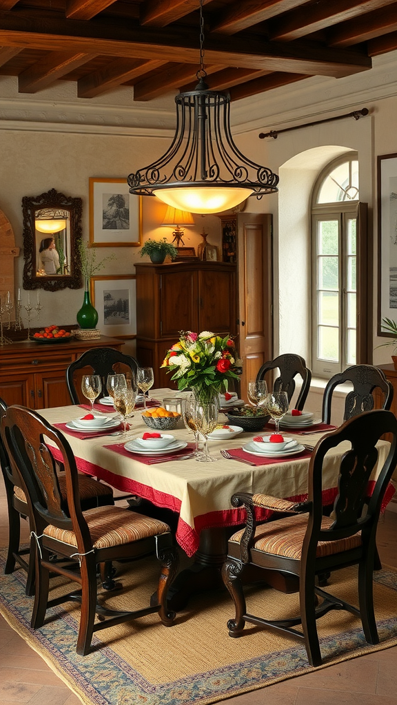 A warm and inviting family dining room with a wooden table set for a meal, surrounded by comfortable chairs and illuminated by a stylish chandelier.